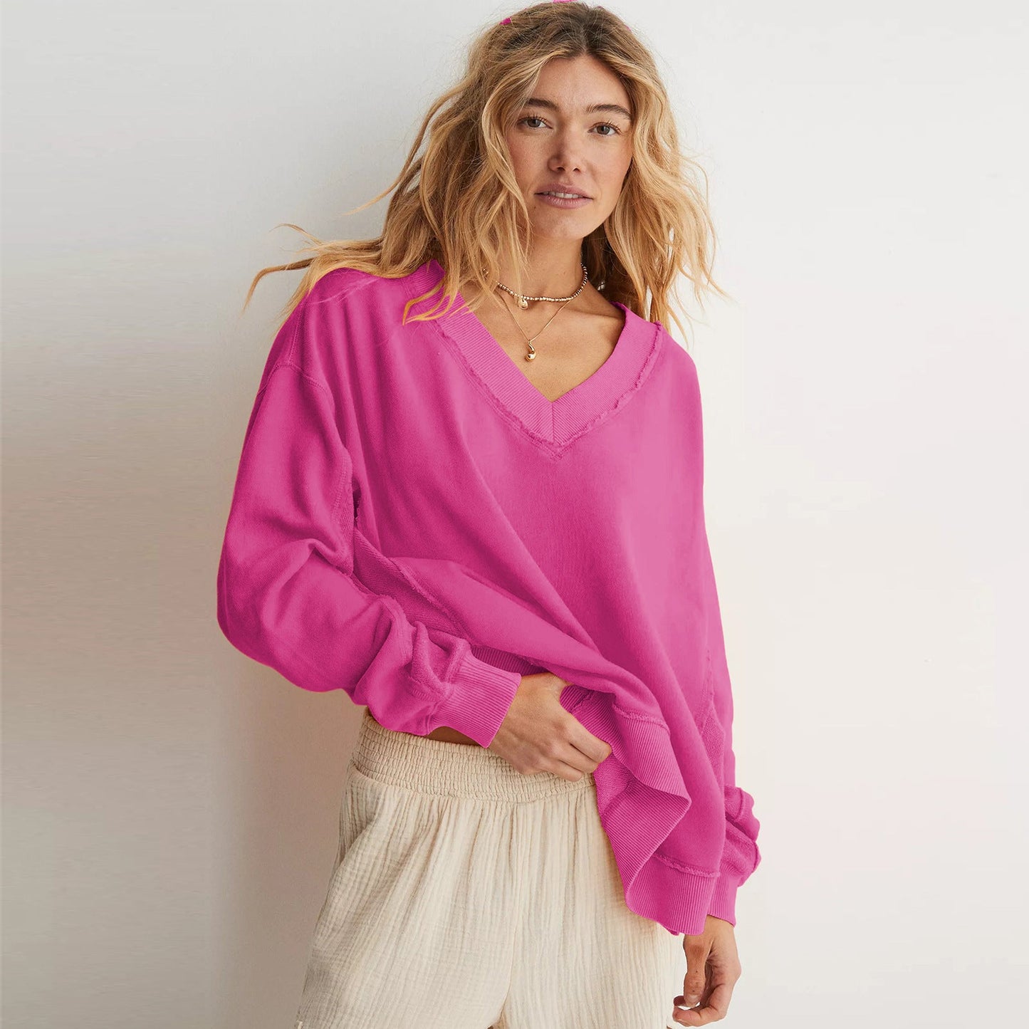 Women's Comfortable Basic V-Neck Lounge Sweater | Sana