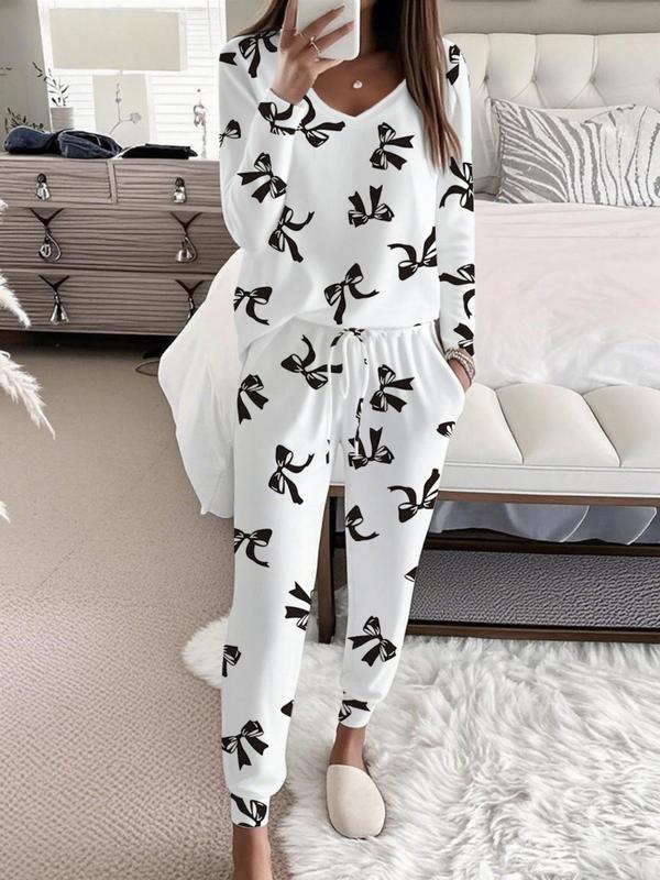 HALLIE™ - Bow Print V-Neck Long Sleeve Top & Tie Waist Trousers Set