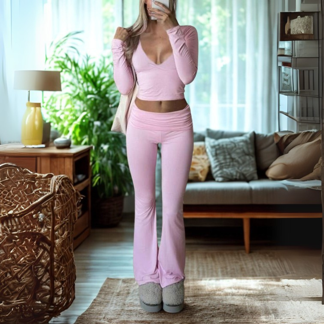 SINA™ - Casual V-Neck Long Sleeve Crop Top and Trousers Set