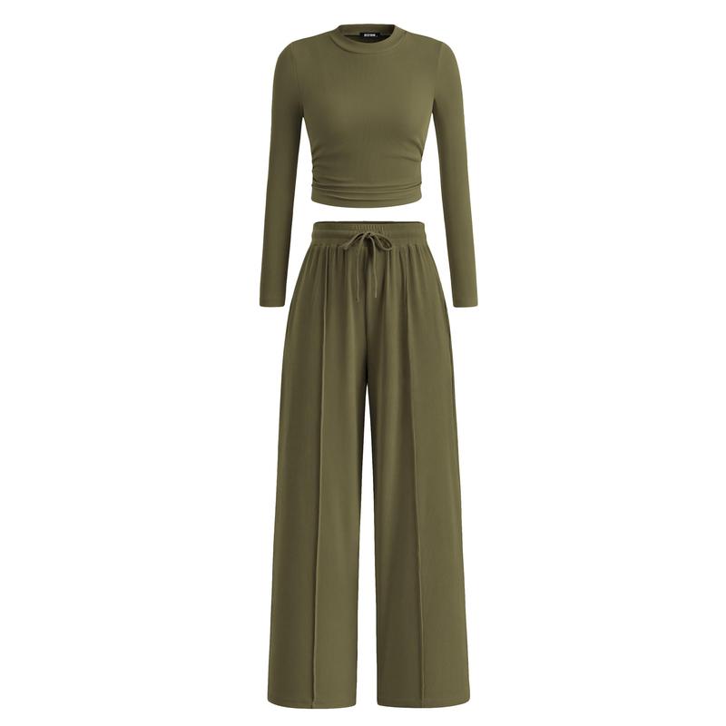 MIRELA™ - Ribbed Knit Long Sleeve Crop Top and Matching Trousers Set
