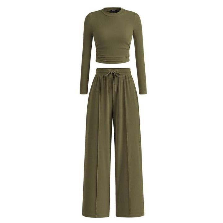 MIRELA™ - Ribbed Knit Long Sleeve Crop Top and Matching Trousers Set