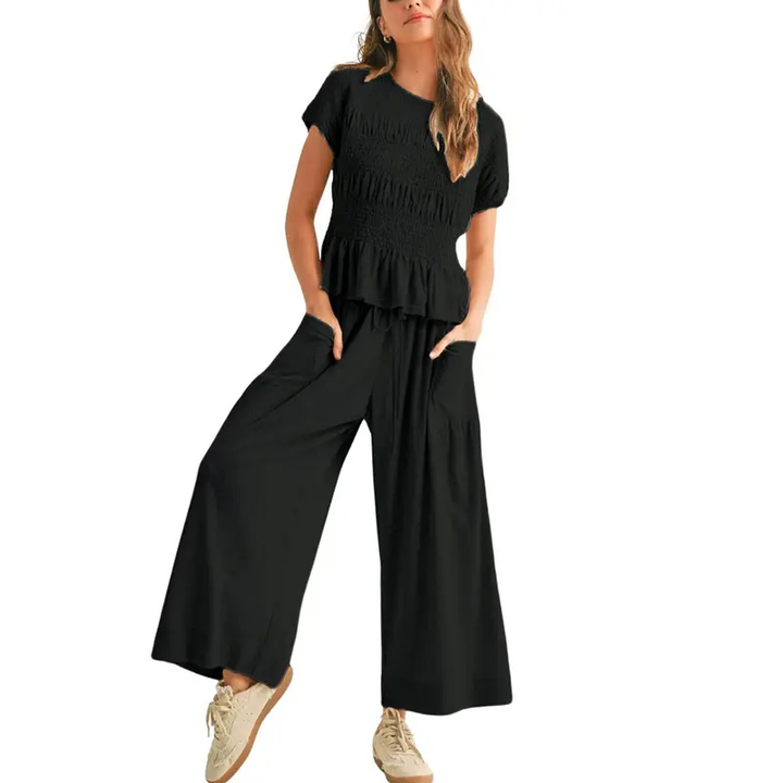 CHARLENE™ – Relaxed 2-Piece Smocked Top and Wide Leg Trousers Set