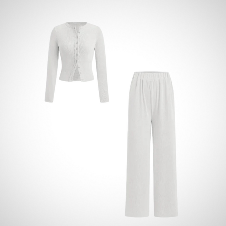 COLY™ - Comfy Button Front Long Sleeve Top and Trousers Set