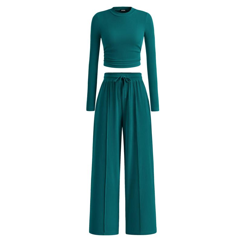 MIRELA™ - Ribbed Knit Long Sleeve Crop Top and Matching Trousers Set