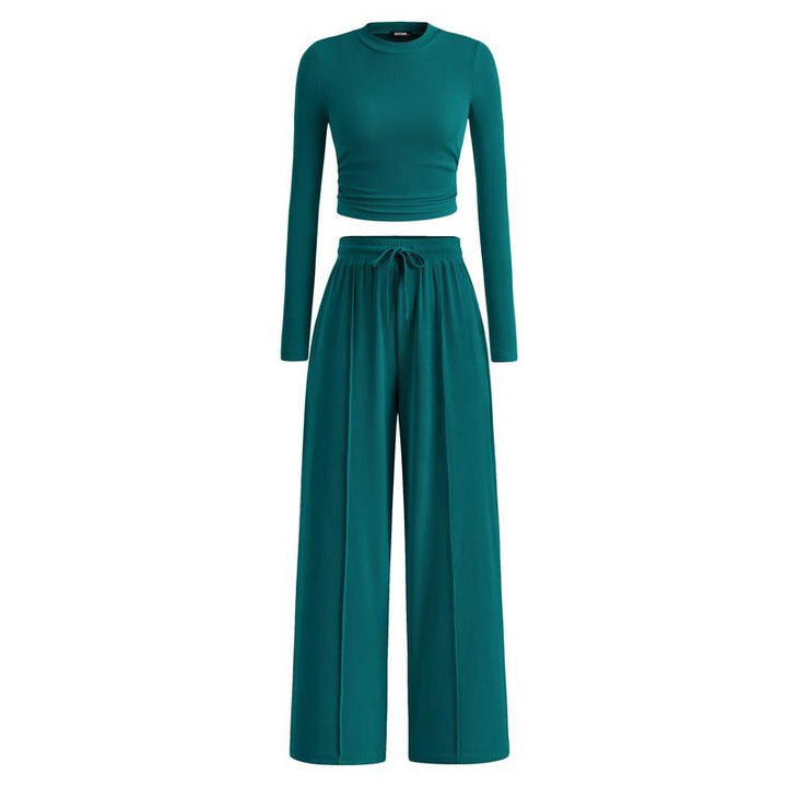 MIRELA™ - Ribbed Knit Long Sleeve Crop Top and Matching Trousers Set