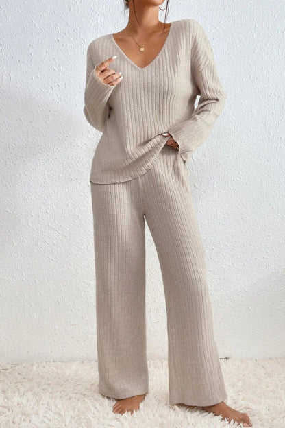 Women’s Rib-Knit Loungewear Set – Comfortable V-Neck Top & Wide-Leg Trousers