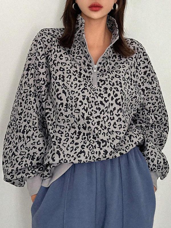 INGRID™ - Women’s Casual Zip-Up Front Leopard Print Sweatshirt Long Sleeve
