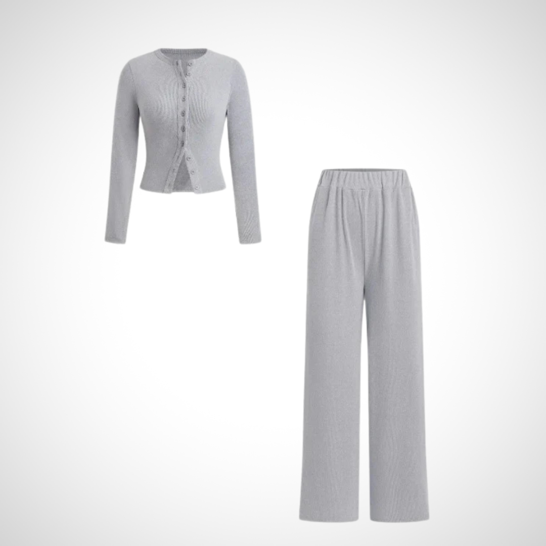 COLY™ - Comfy Button Front Long Sleeve Top and Trousers Set