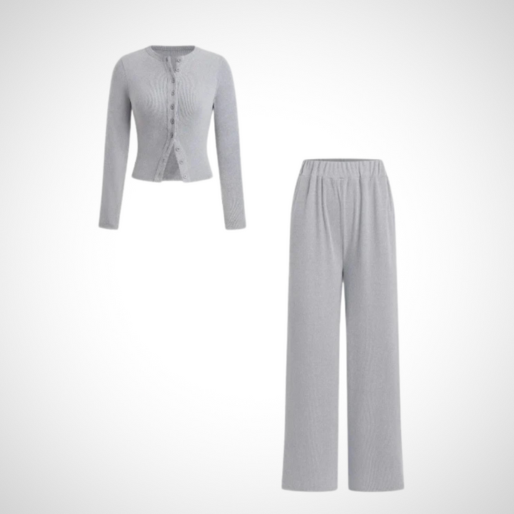 COLY™ - Comfy Button Front Long Sleeve Top and Trousers Set