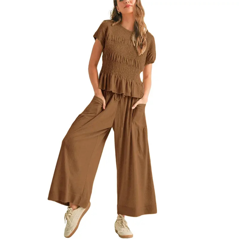 CHARLENE™ – Relaxed 2-Piece Smocked Top and Wide Leg Trousers Set