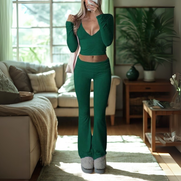 SINA™ - Casual V-Neck Long Sleeve Crop Top and Trousers Set