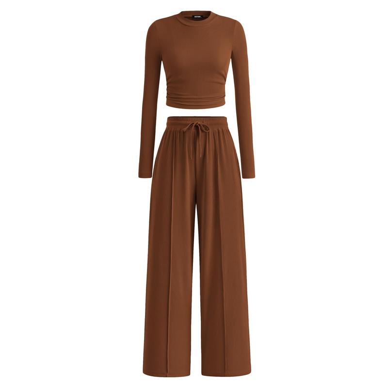 MIRELA™ - Ribbed Knit Long Sleeve Crop Top and Matching Trousers Set