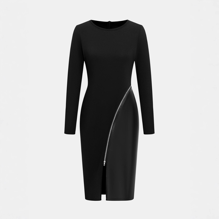CHARENE™ - Women’s Solid Colour PU Leather Patchwork Zipper Bodycon Dress