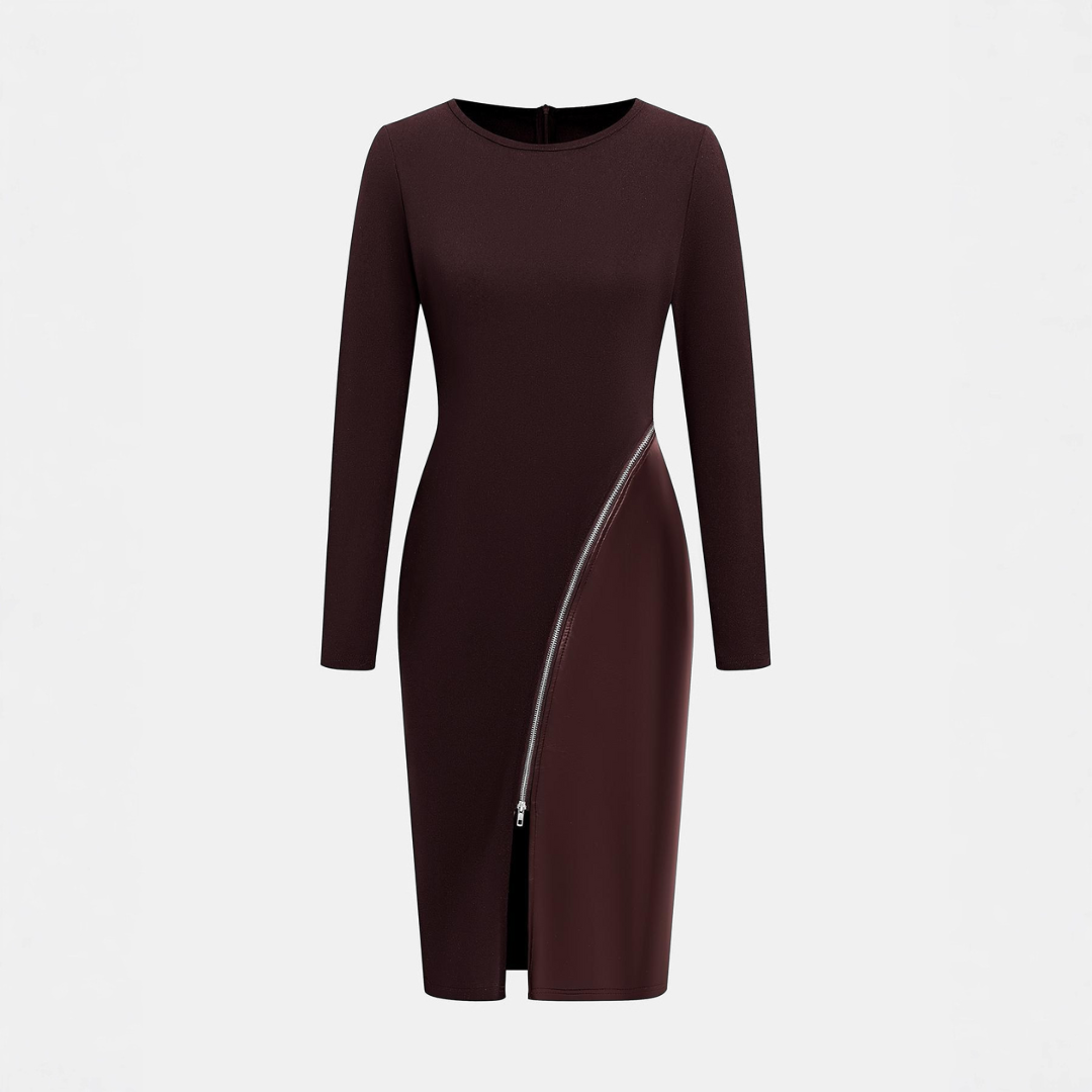 CHARENE™ - Women’s Solid Colour PU Leather Patchwork Zipper Bodycon Dress