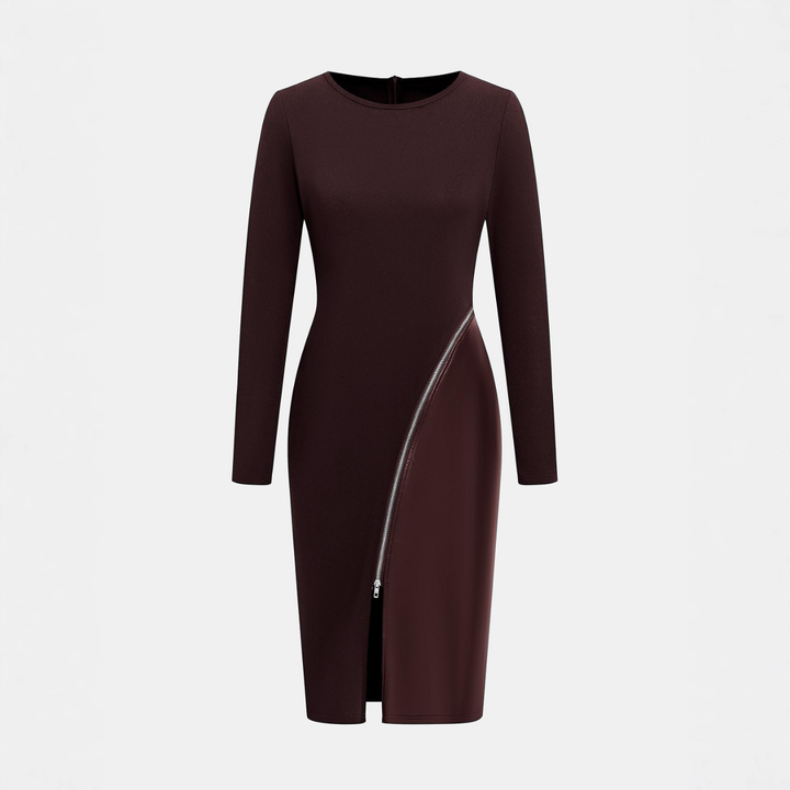 CHARENE™ - Women’s Solid Colour PU Leather Patchwork Zipper Bodycon Dress