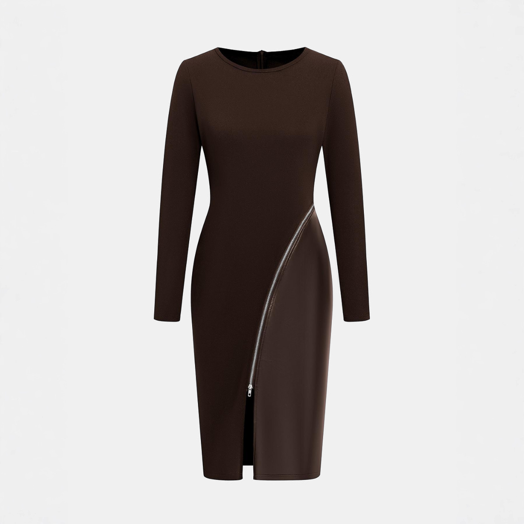 CHARENE™ - Women’s Solid Colour PU Leather Patchwork Zipper Bodycon Dress