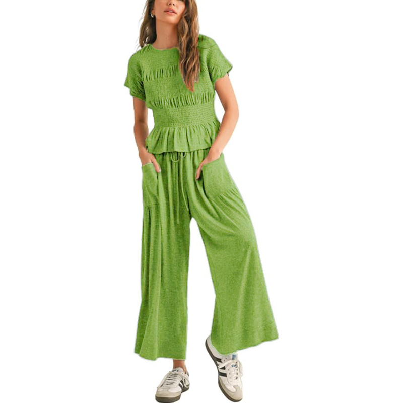 CHARLENE™ – Relaxed 2-Piece Smocked Top and Wide Leg Trousers Set