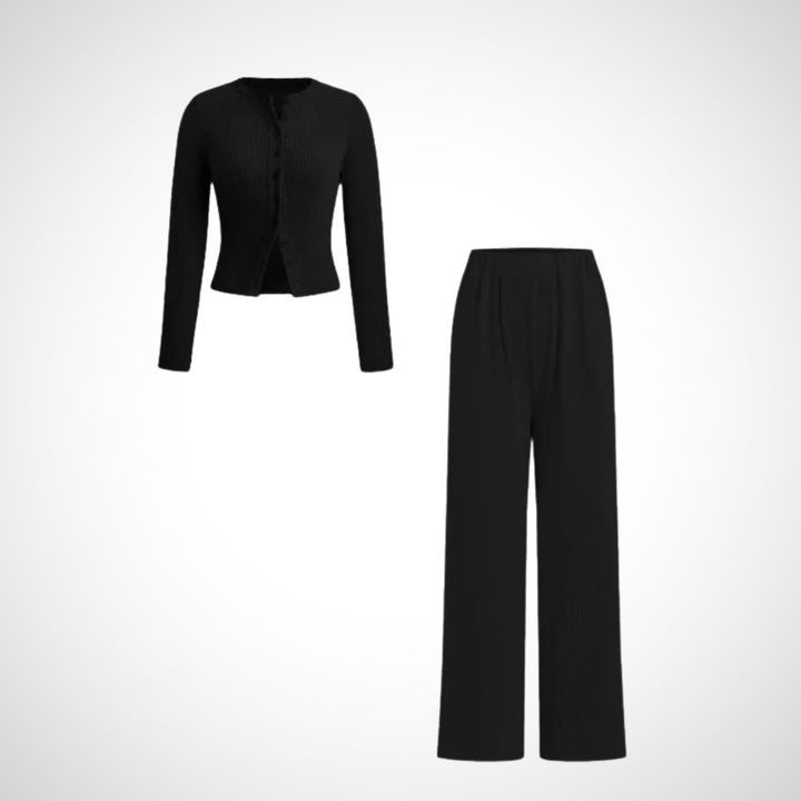 COLY™ - Comfy Button Front Long Sleeve Top and Trousers Set