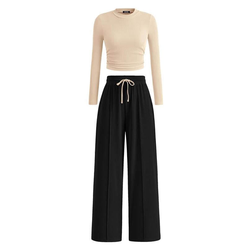 MIRELA™ - Ribbed Knit Long Sleeve Crop Top and Matching Trousers Set