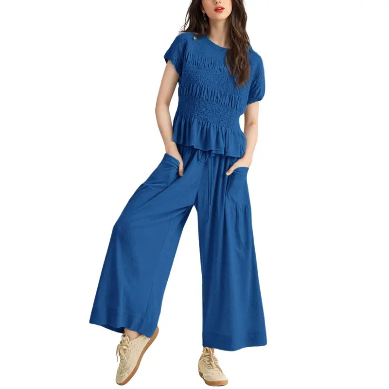 CHARLENE™ – Relaxed 2-Piece Smocked Top and Wide Leg Trousers Set