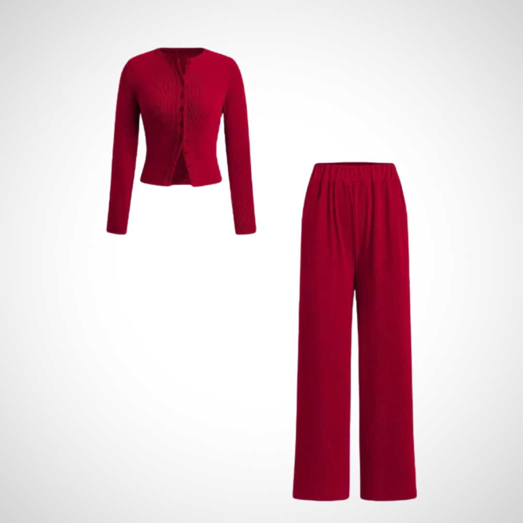 COLY™ - Comfy Button Front Long Sleeve Top and Trousers Set