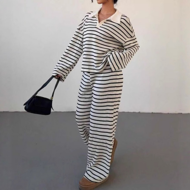 SALI™ - Casual Striped V-Neck Long Sleeve and Trousers Set