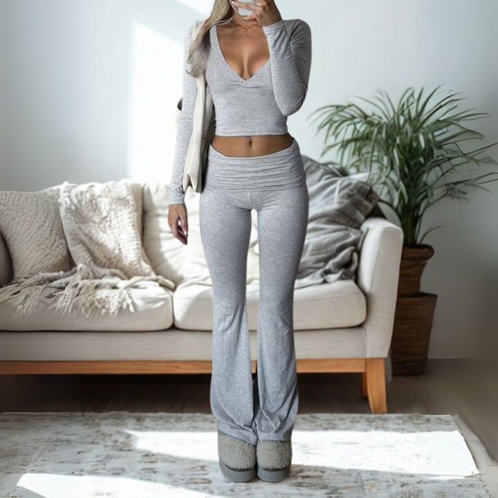 SINA™ - Casual V-Neck Long Sleeve Crop Top and Trousers Set