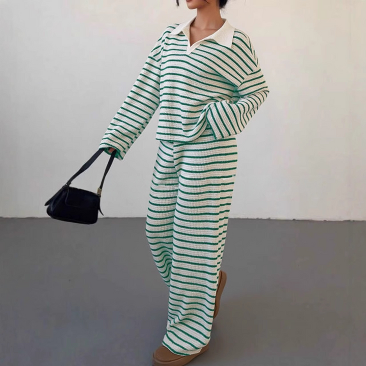 SALI™ - Casual Striped V-Neck Long Sleeve and Trousers Set