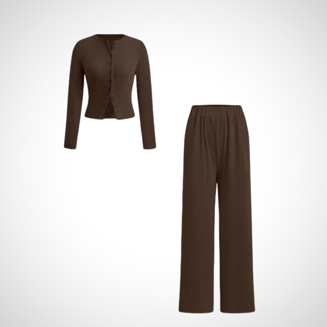 COLY™ - Comfy Button Front Long Sleeve Top and Trousers Set