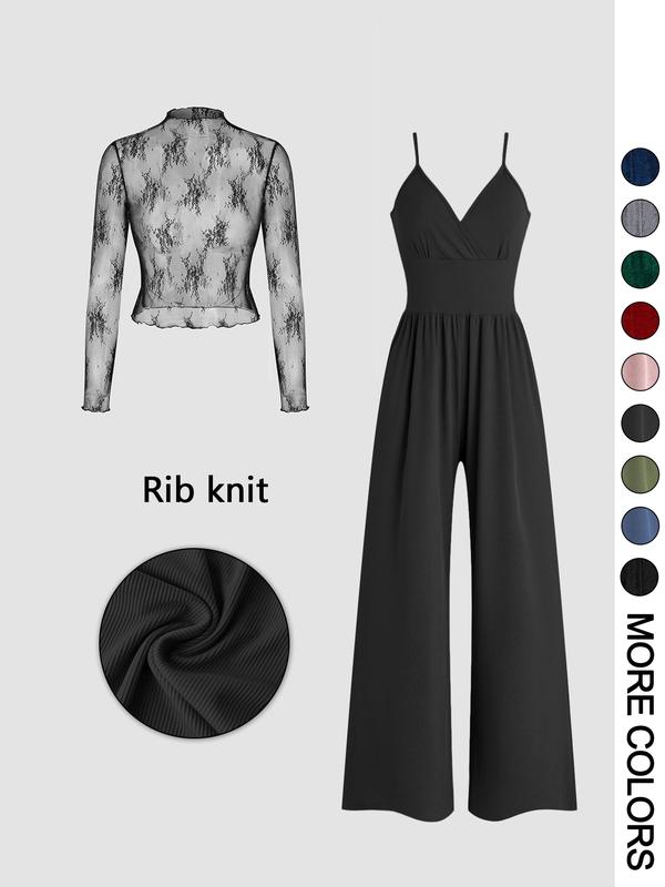 MARYAM™ - Solid Colour Lace Tee & Pocket Jumpsuit Set