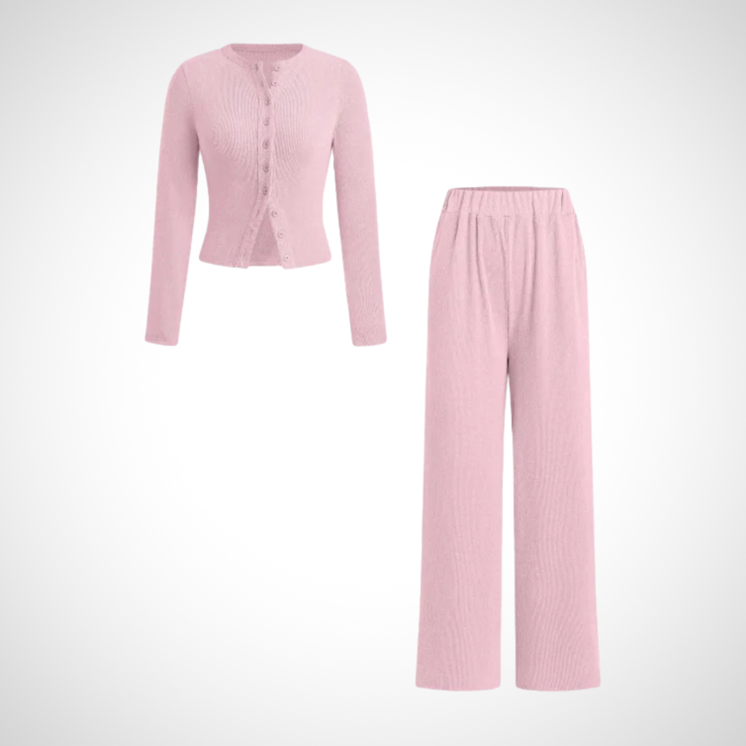 COLY™ - Comfy Button Front Long Sleeve Top and Trousers Set