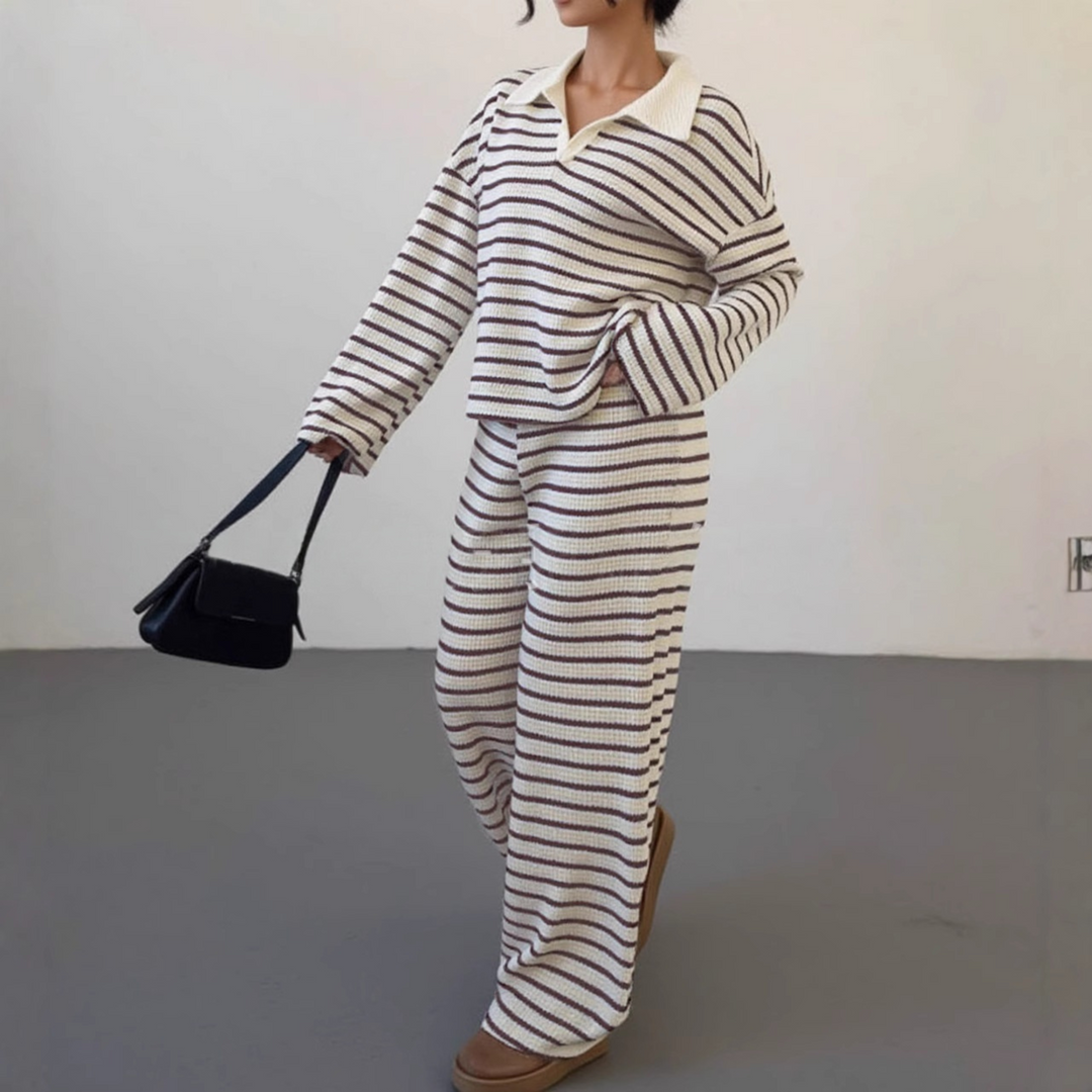 INCI™ - Casual Striped V-Neck Long Sleeve and Trousers Set