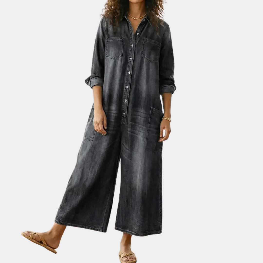 Diana | Vintage washed soft cotton denim button-up jumpsuit