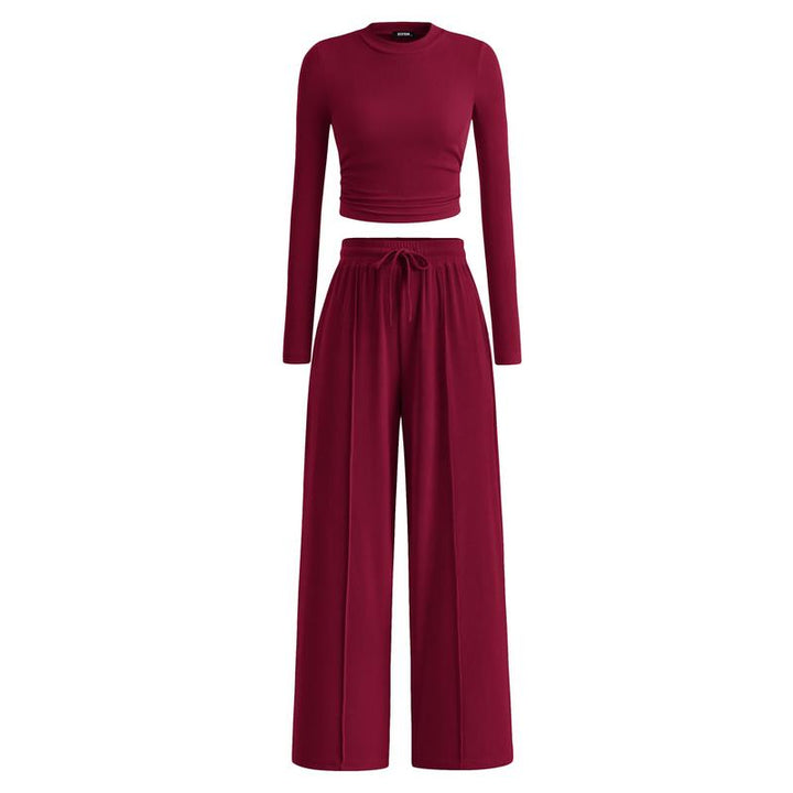 MIRELA™ - Ribbed Knit Long Sleeve Crop Top and Matching Trousers Set