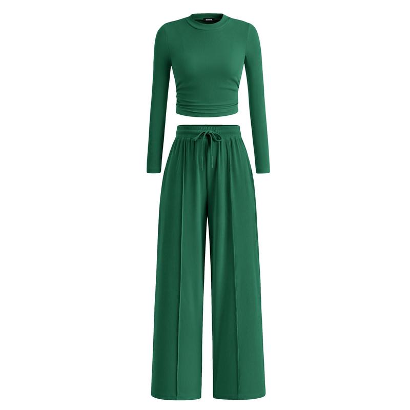 MIRELA™ - Ribbed Knit Long Sleeve Crop Top and Matching Trousers Set