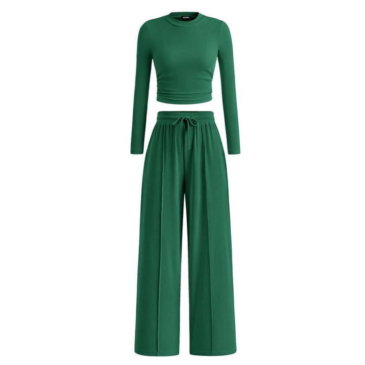 MIRELA™ - Ribbed Knit Long Sleeve Crop Top and Matching Trousers Set