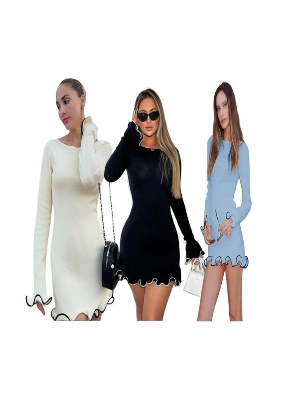 SARAH™ - Elegant Colourblock Wave Hem A-Line Long Sleeve Dress