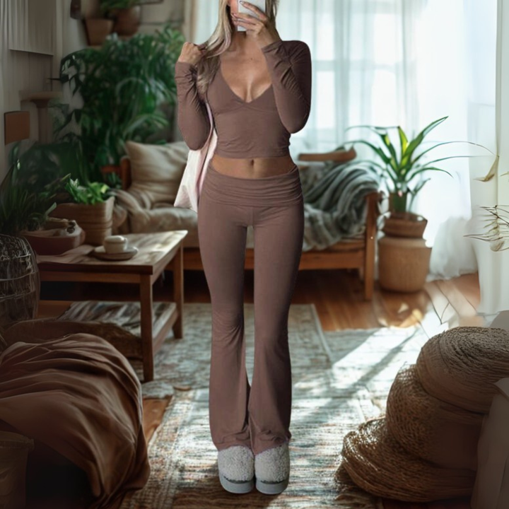 SINA™ - Casual V-Neck Long Sleeve Crop Top and Trousers Set