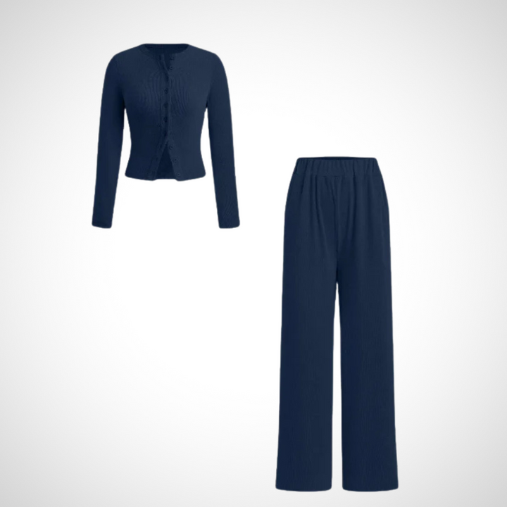 COLY™ - Comfy Button Front Long Sleeve Top and Trousers Set