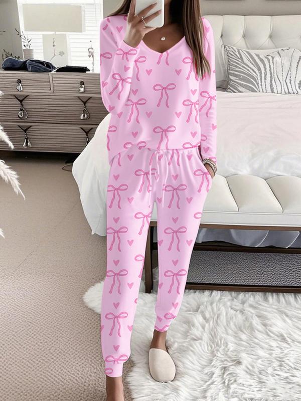 HALLIE™ - Bow Print V-Neck Long Sleeve Top & Tie Waist Trousers Set