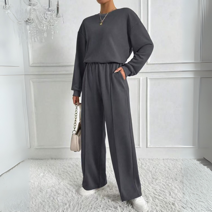 AMBRA™ - Casual Long Sleeve Sweatshirt and High Waist Trousers Set