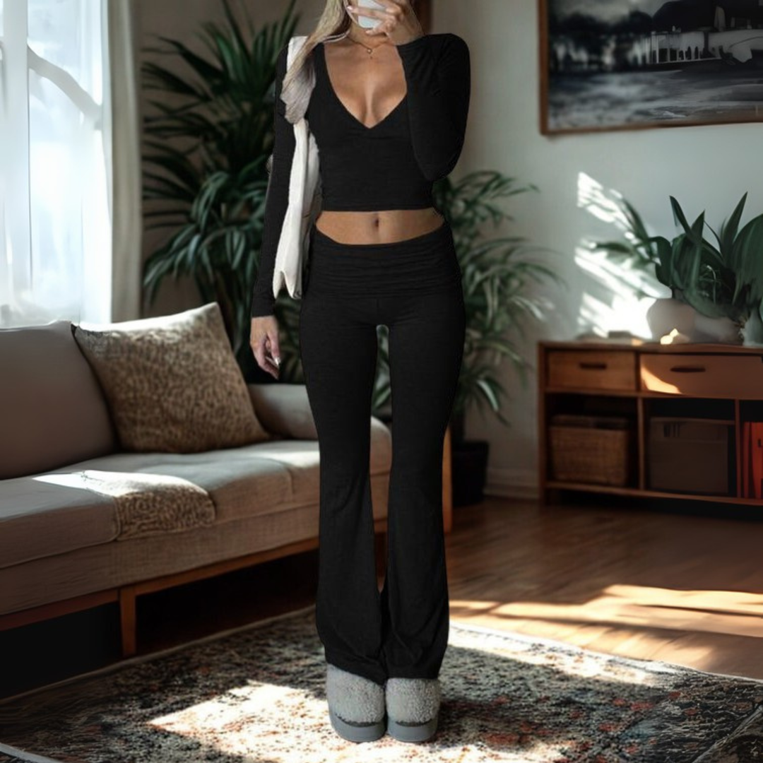 SINA™ - Casual V-Neck Long Sleeve Crop Top and Trousers Set