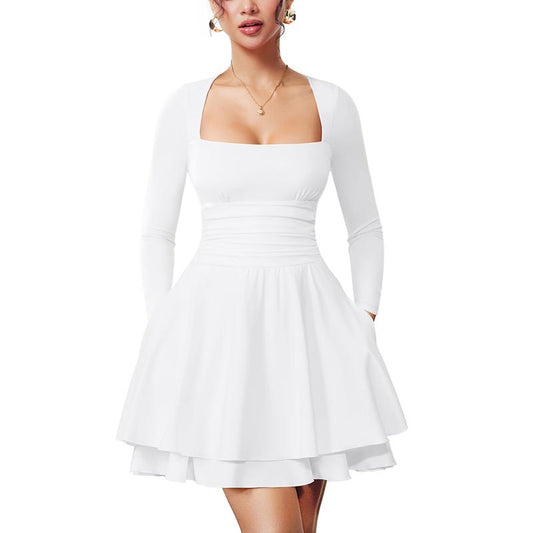 WINONA™ - Women's Square Neck Ruffle Hem Mini Dress Ruched Waist & Long Sleeve