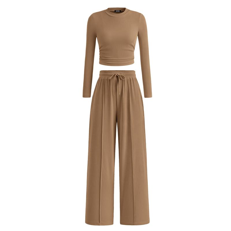 MIRELA™ - Ribbed Knit Long Sleeve Crop Top and Matching Trousers Set