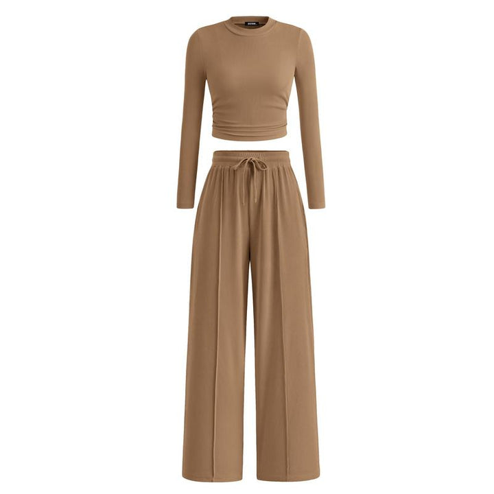 MIRELA™ - Ribbed Knit Long Sleeve Crop Top and Matching Trousers Set