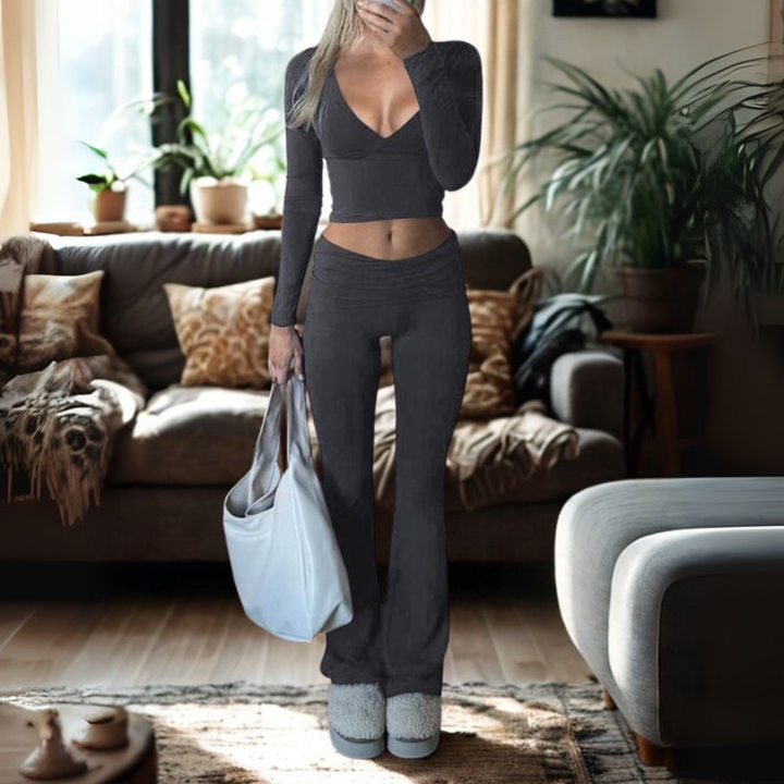 SINA™ - Casual V-Neck Long Sleeve Crop Top and Trousers Set