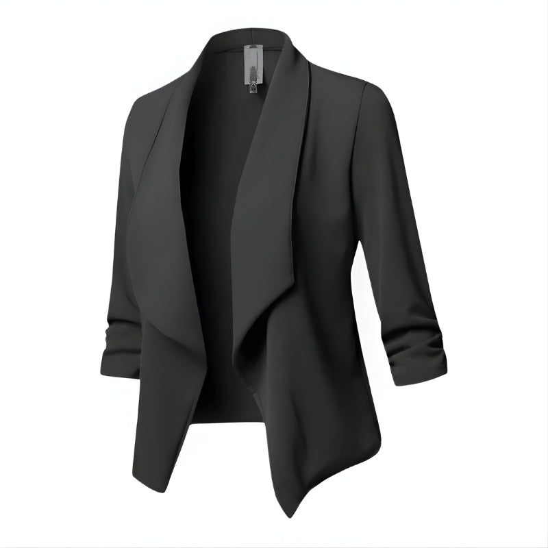 Women’s Blazer – Open Front, Waterfall Collar & Three-Quarter Sleeves