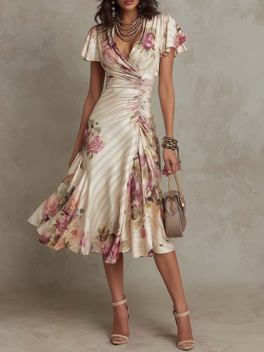 Eliška™ | Vintage floral midi φόρεμα με τύπο κρουαζέ