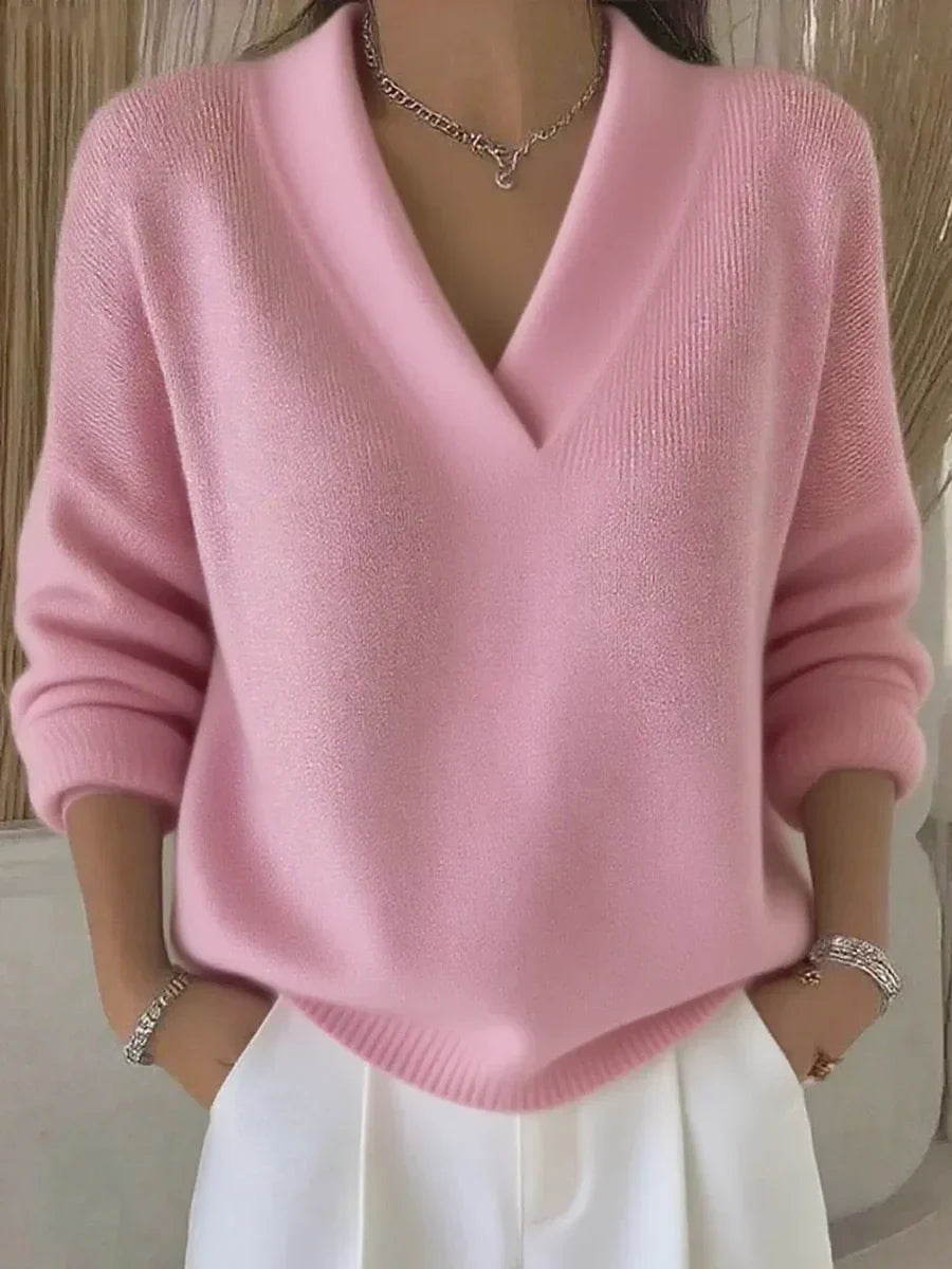 Clara | Μαλακό Ροζ Πουλόβερ V-Neck σε Χαλαρή Γραμμή