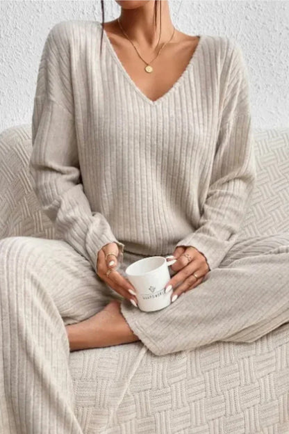 Women’s Rib-Knit Loungewear Set – Comfortable V-Neck Top & Wide-Leg Trousers